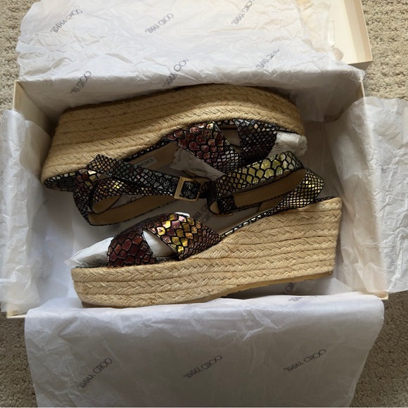 Jimmy Choo Pepper Holographic Python Leather Ankle Wrap Espadrilles Wedge Sandal - Picture 9 of 14